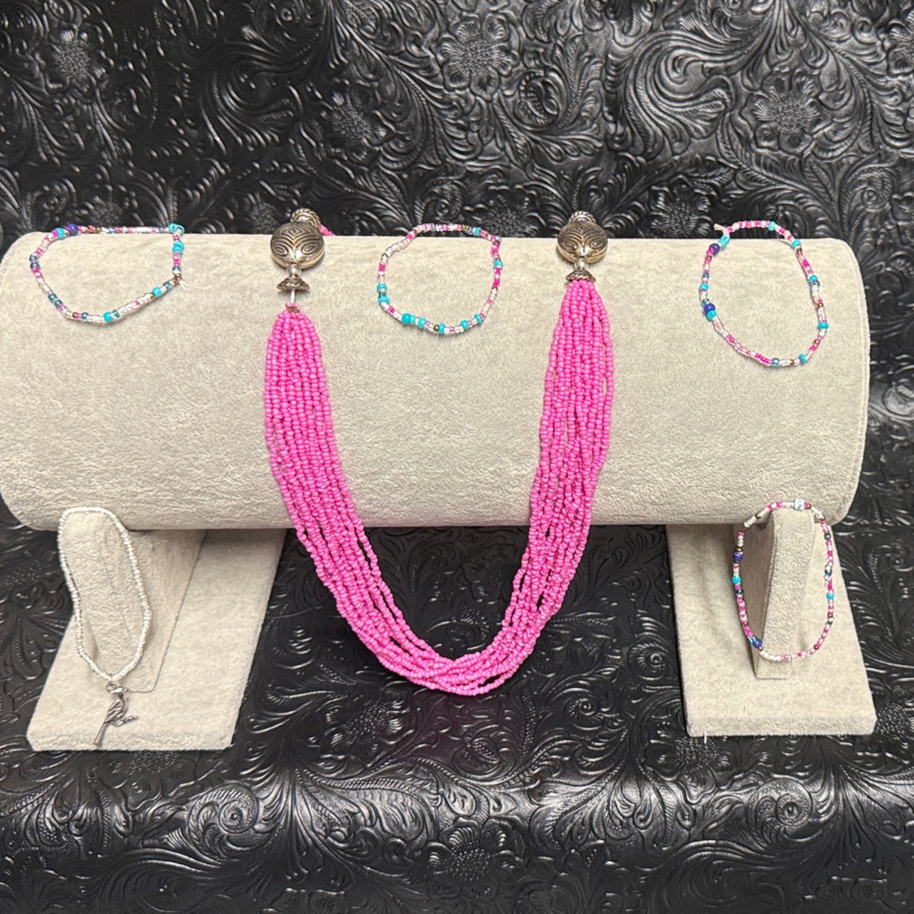 Pink Beaded Necklace and Bracelet Set